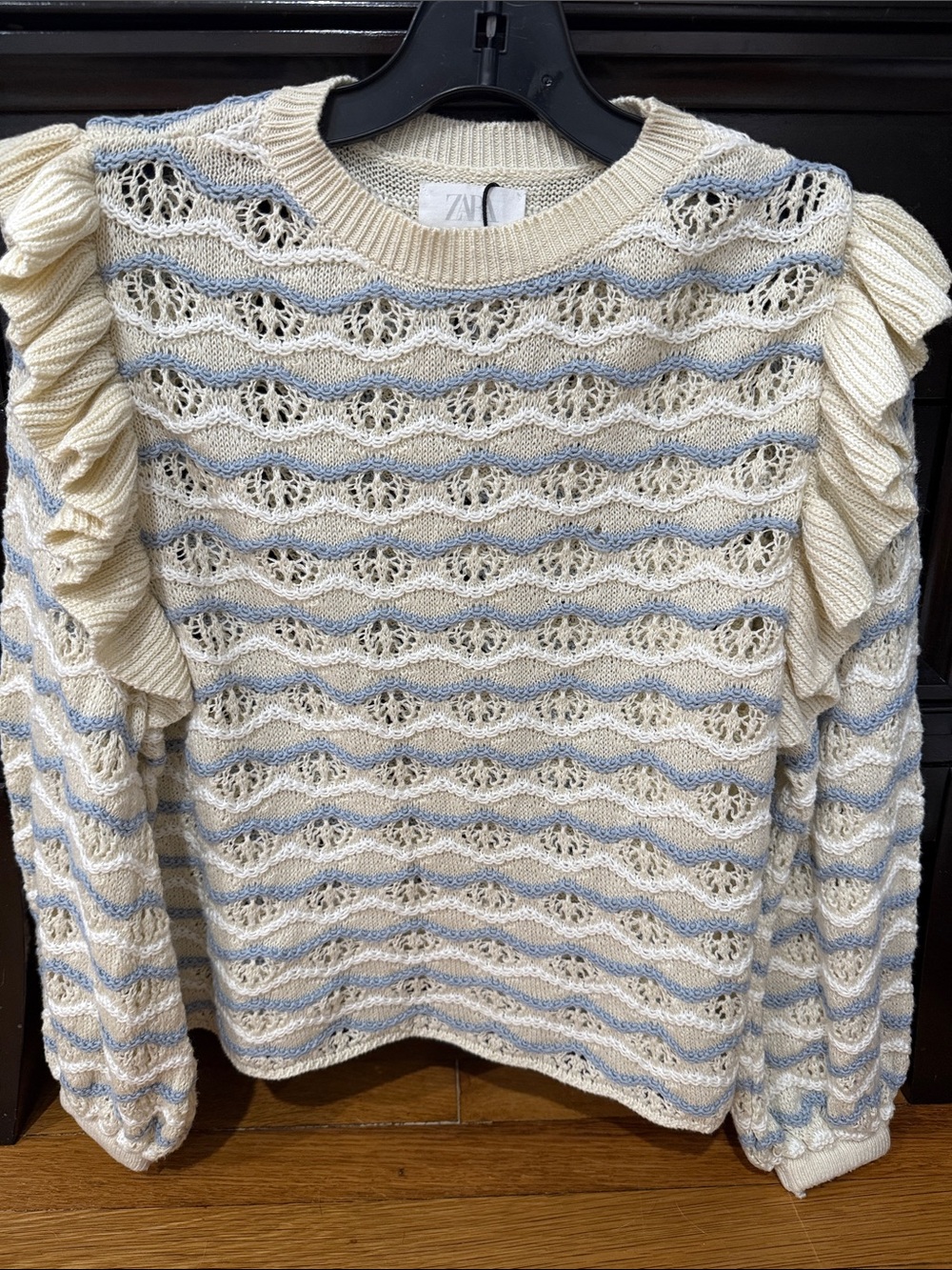 Zara Cream & Light Blue Ruffle Sleeve Knit Sweater